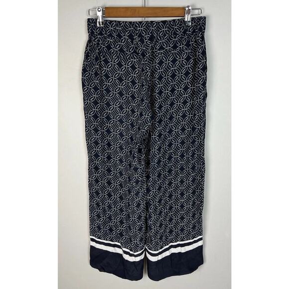 Ecru 100% Silk Navy Geometric Print Wide Leg Pants Women’s Size S Elastic Waist - Picture 2 of 7